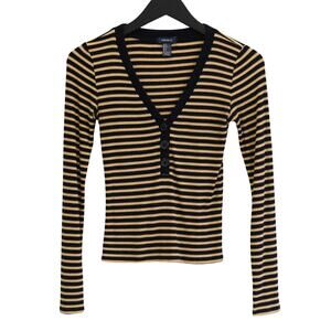 Crop Navy & Yellow Striped V-Neck - Long Sleeve Button Henley Fitted Shirt